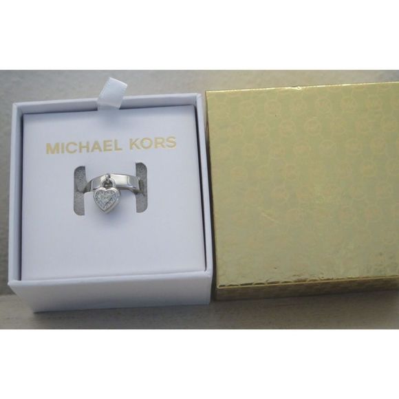 Michael Kors MKJX78890406 Sz 6 Silver-Tone "MK" Dangle Heart & Pave Stone Ring - Picture 2 of 14